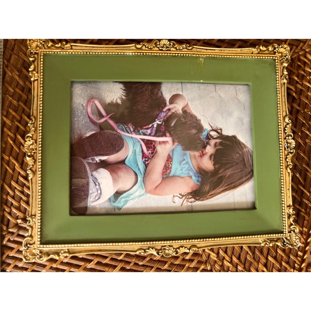 Vintage Ornate Gold and Sage Green Enamel Picture Frame Scalloped Edge 5x7